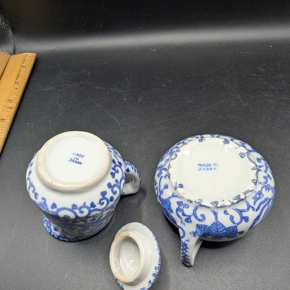 Vintage Phoenix Bird Flying Turkey Blue & White Covered Sugar & Creamer 3" - Picture 6 of 8